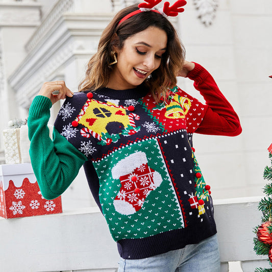 Women's Christmas Tree Snowflake Knitted Sweaters Long Sleeve Crew Neck Embroidery Pullover