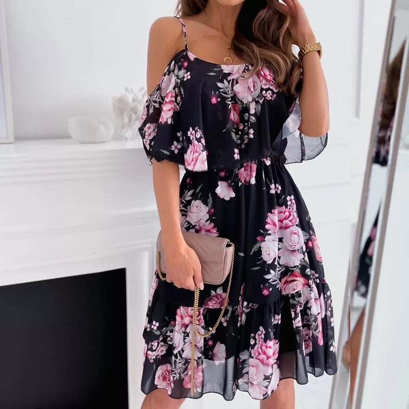 Flower Printed Ruffled Suspender Dress Summer Off-the-shoulder