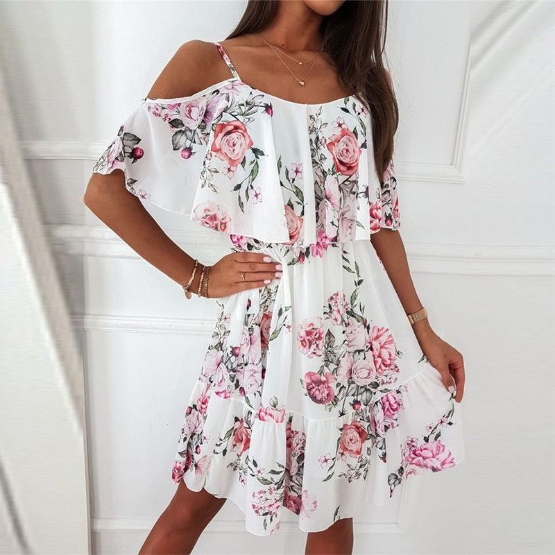 Flower Printed Ruffled Suspender Dress Summer Off-the-shoulder