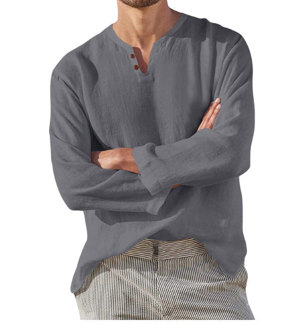 Cotton Linen Men's Long Sleeve V-neck