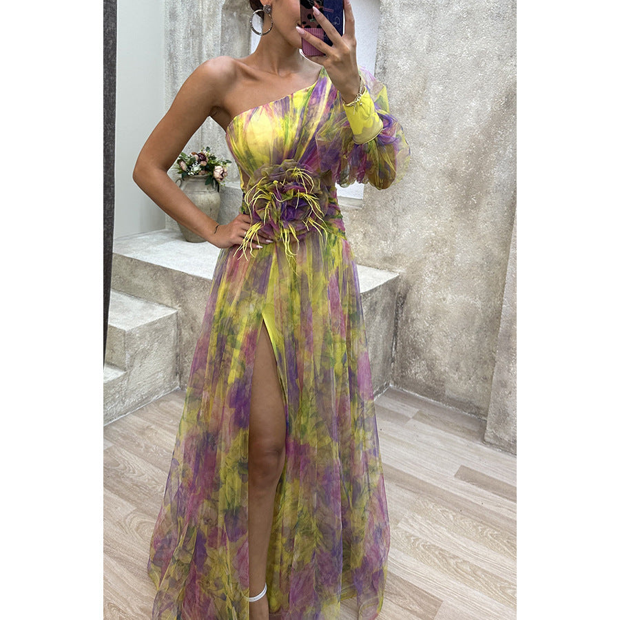 Mesh Tie-dye Printed Off-shoulder Slit Dress Summer