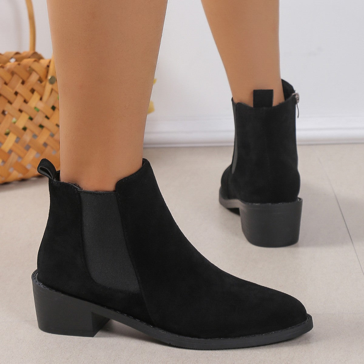 Women's Fashion Ankle Boots With Side Zipper Chunky Heel Boots Slip On Comfortable