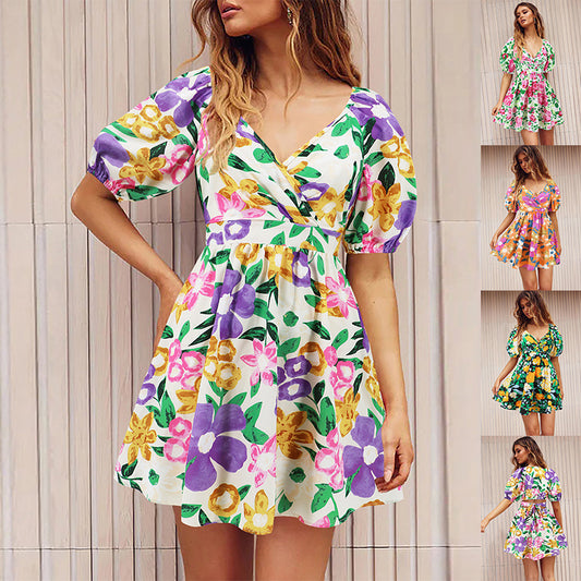 Flowers Print V-Neck Lantern-sleeve Dress Y2K Summer Vacation