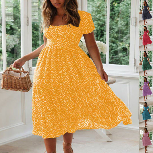 Square Collar Short Sleeve Dress Summer Puff Floral