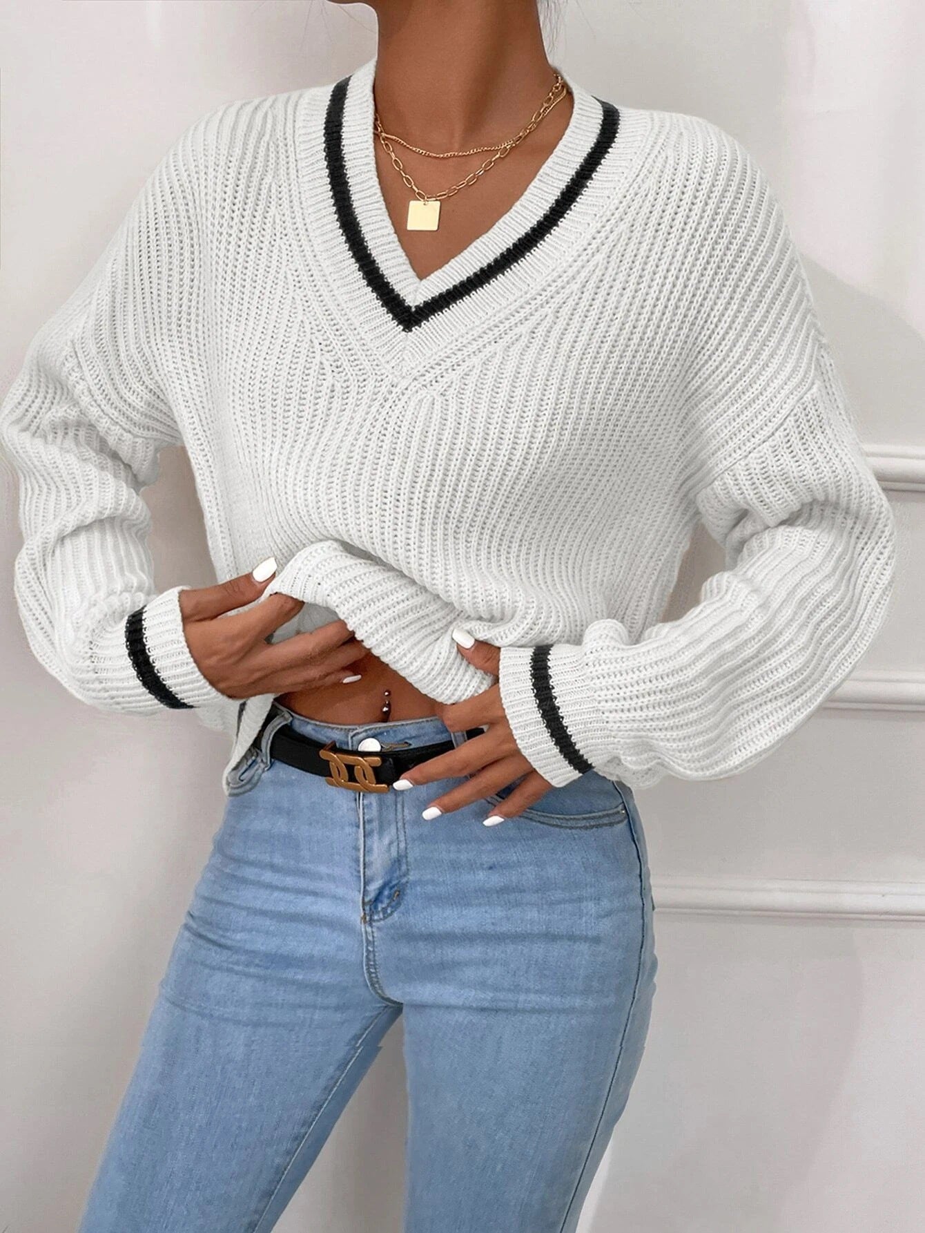 Winter Women's Clothes Cable Knit V Neck Sweaters Casual Long Sleeve Striped Pullover