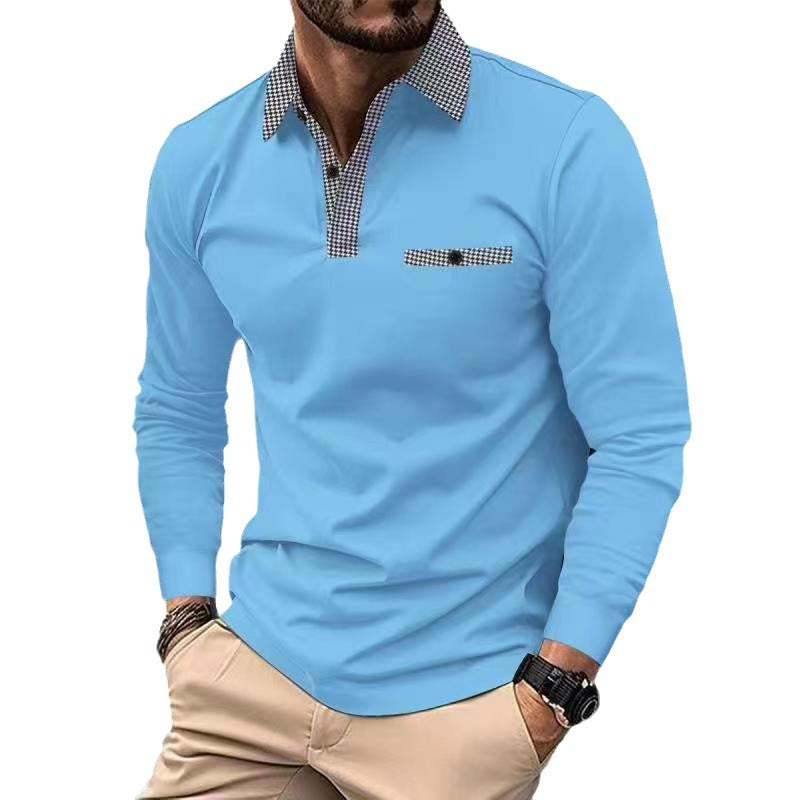 Leisure Plaid Lapel Polo Shirt Long Sleeve Tops Men's