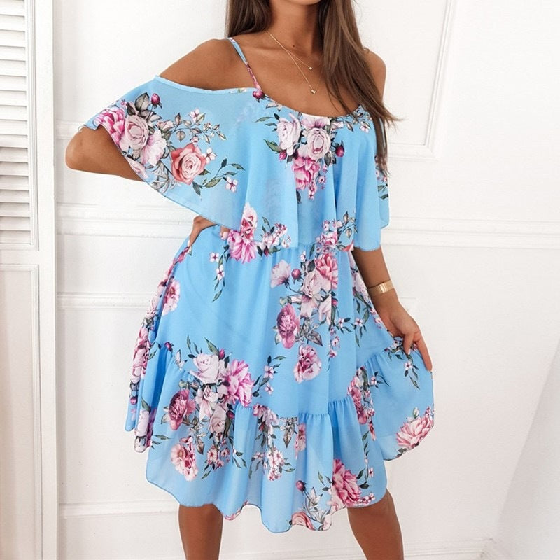 Flower Printed Ruffled Suspender Dress Summer Off-the-shoulder