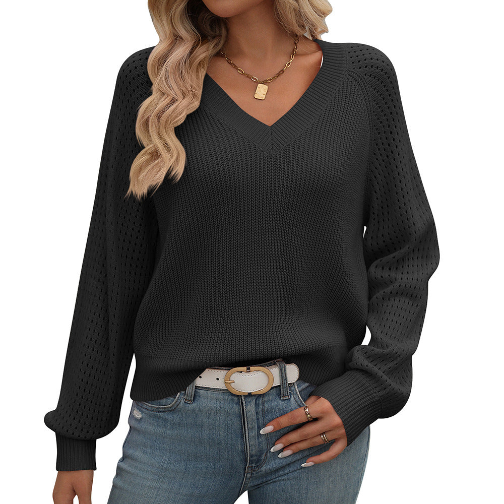 Women's Hollow Out V-neck Long Sleeve  Sweater