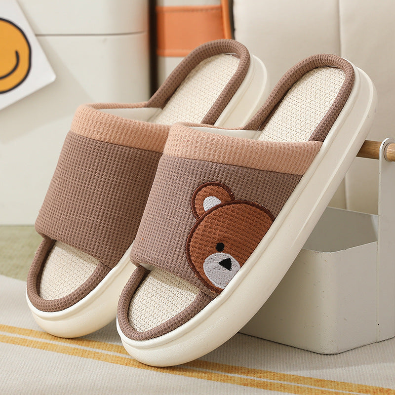 Cute Cartoon Bear Linen Slippers For Women Indoor Non-slip