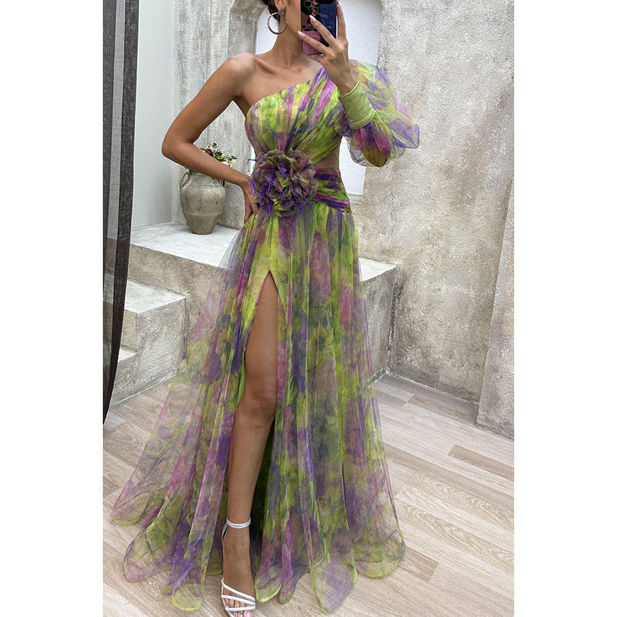 Mesh Tie-dye Printed Off-shoulder Slit Dress Summer