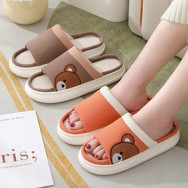 Cute Cartoon Bear Linen Slippers For Women Indoor Non-slip