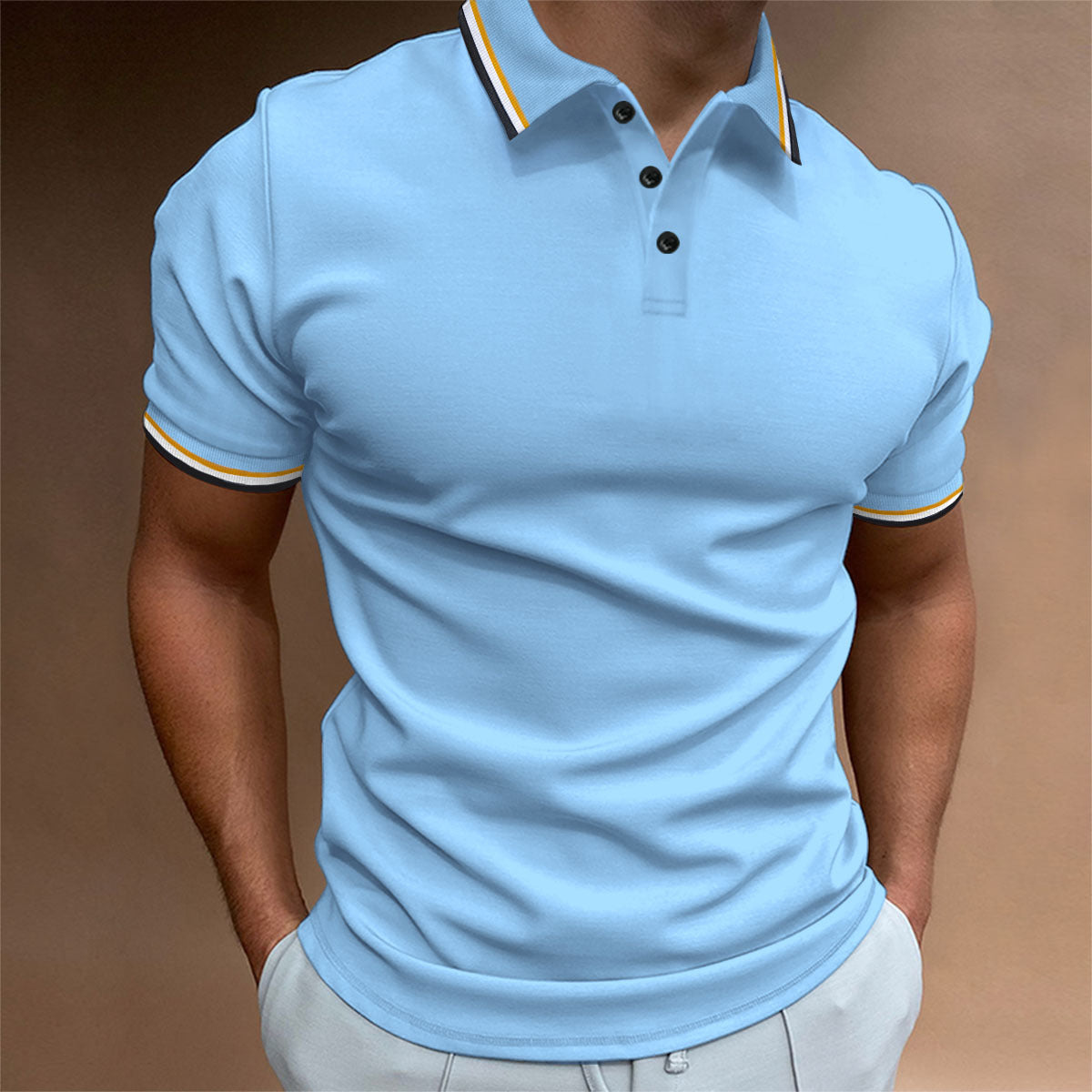 Men's Slim Polo Shirt Rib Striped T-shirt Top