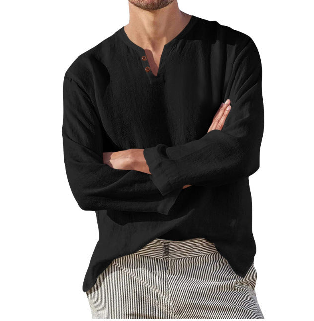 Cotton Linen Men's Long Sleeve V-neck