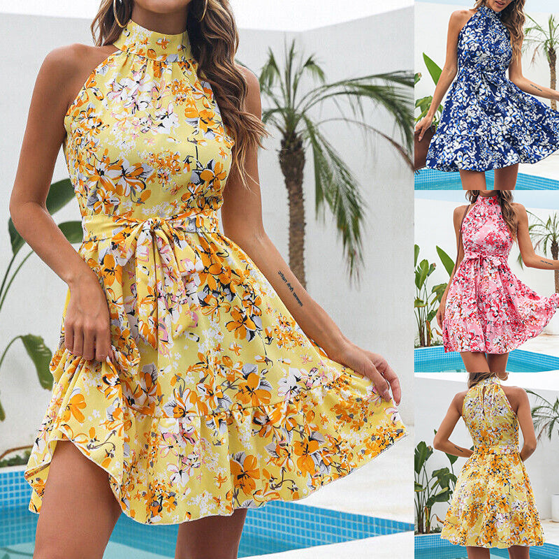 New Flowers Print Halterneck Dress Summer Lace-up Ruffled Dresses For Women