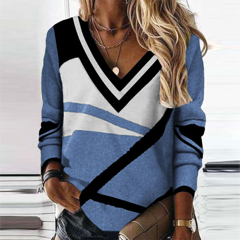 Women's Clothing V-collar Contrast Color Geometric Print Elegant Loose Long Sleeve