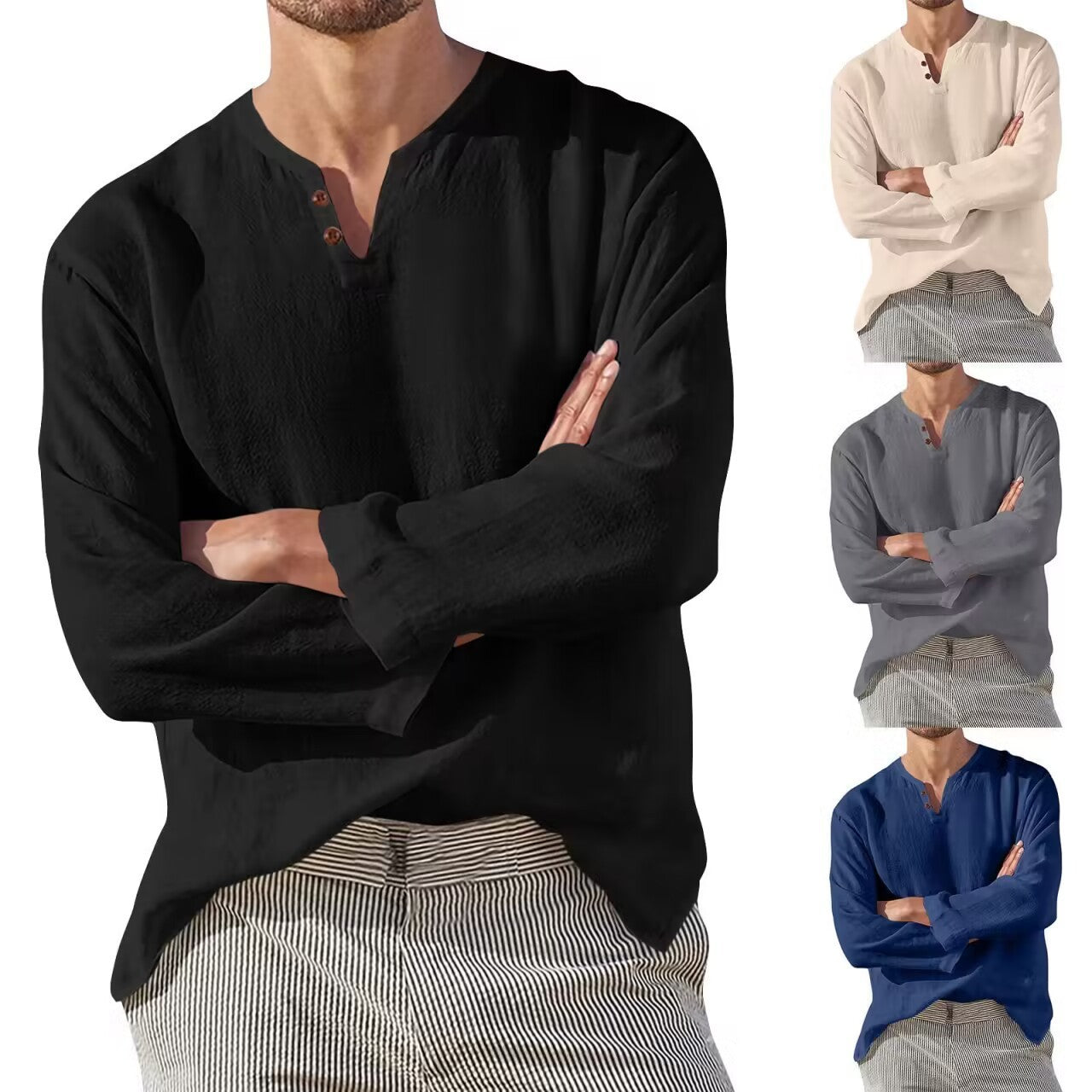 Cotton Linen Men's Long Sleeve V-neck