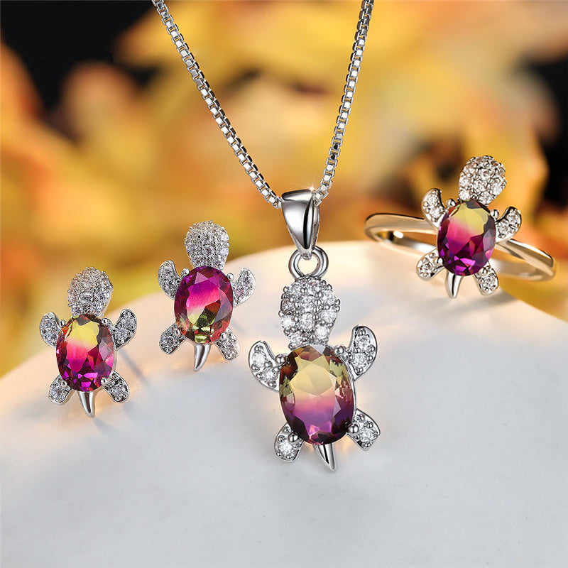 Fashion Oval Zircon Pendant Turtle Shape Necklaces With Rainbow Stone Multicolor Animal Necklace