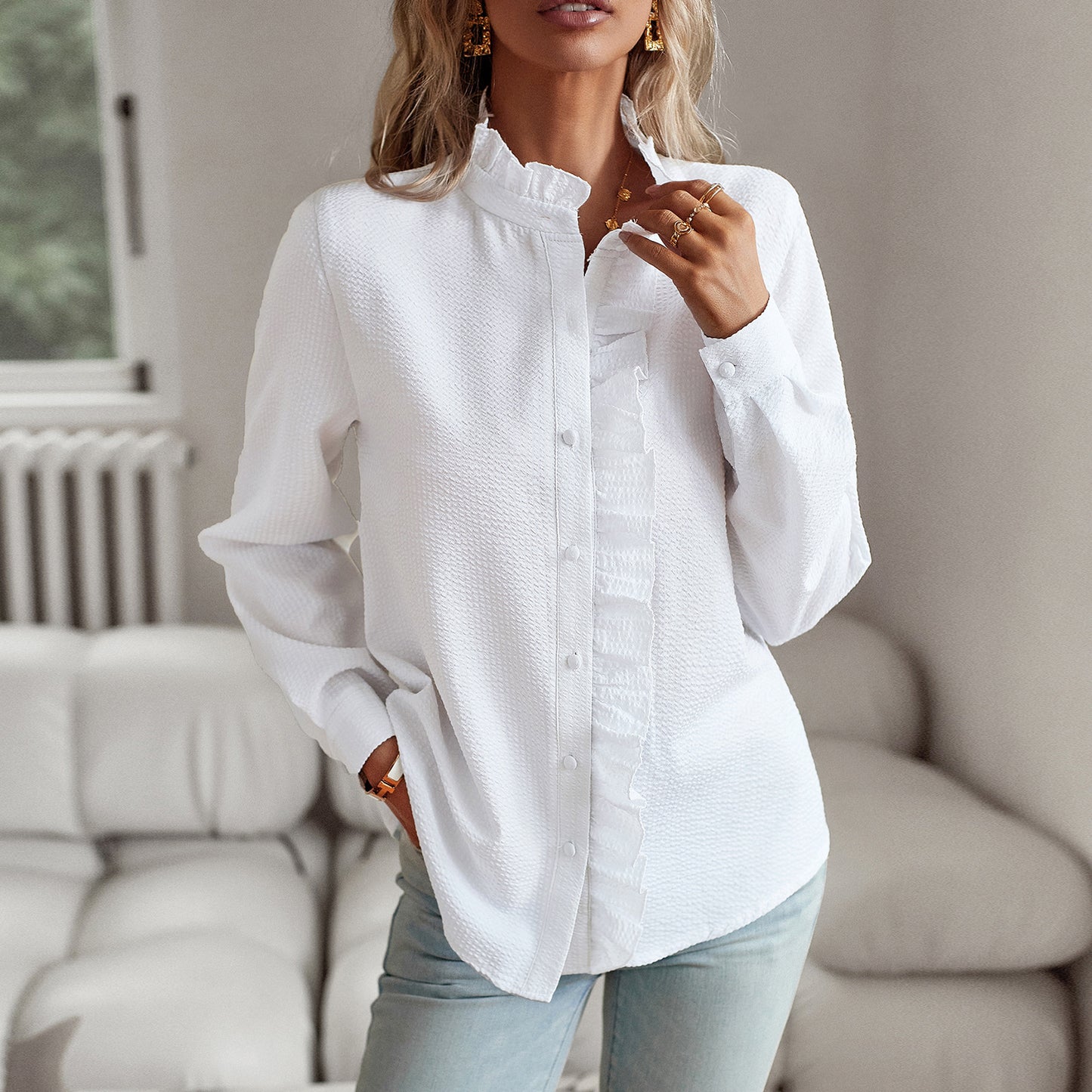 Striped Long Sleeve Shirt Fashion Ruffle Design Button Up Tops Casual