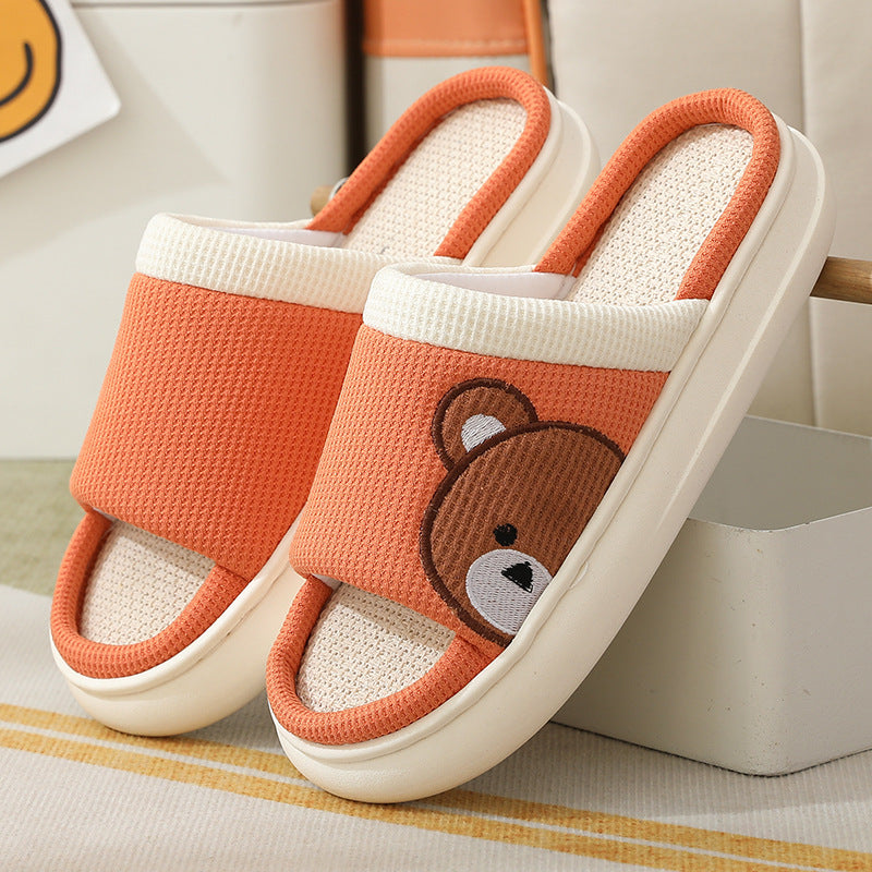 Cute Cartoon Bear Linen Slippers For Women Indoor Non-slip