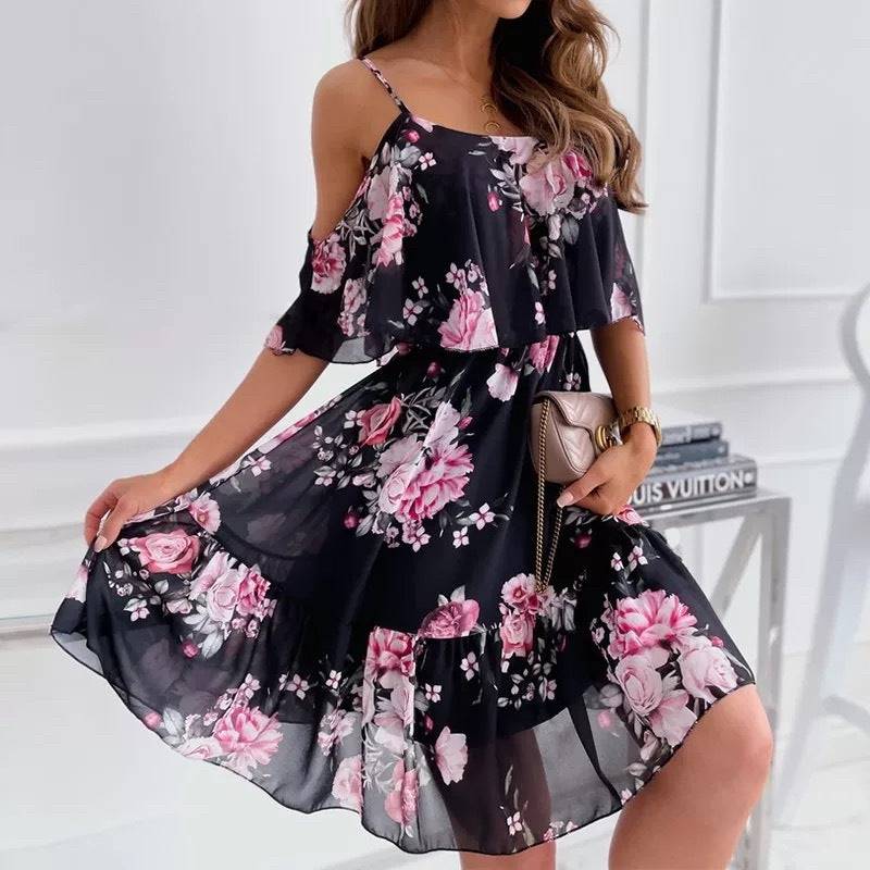 Flower Printed Ruffled Suspender Dress Summer Off-the-shoulder